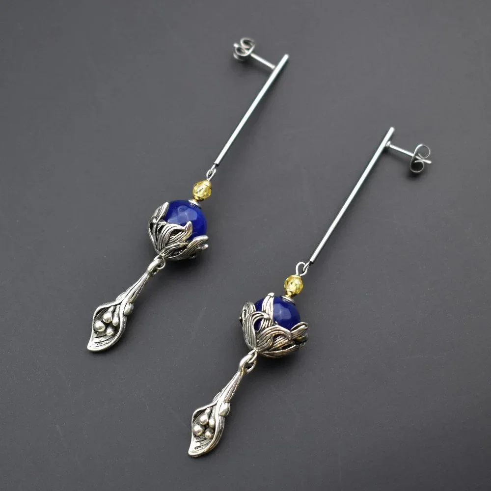 Long massive earrings silver tone, unusual floral dangles